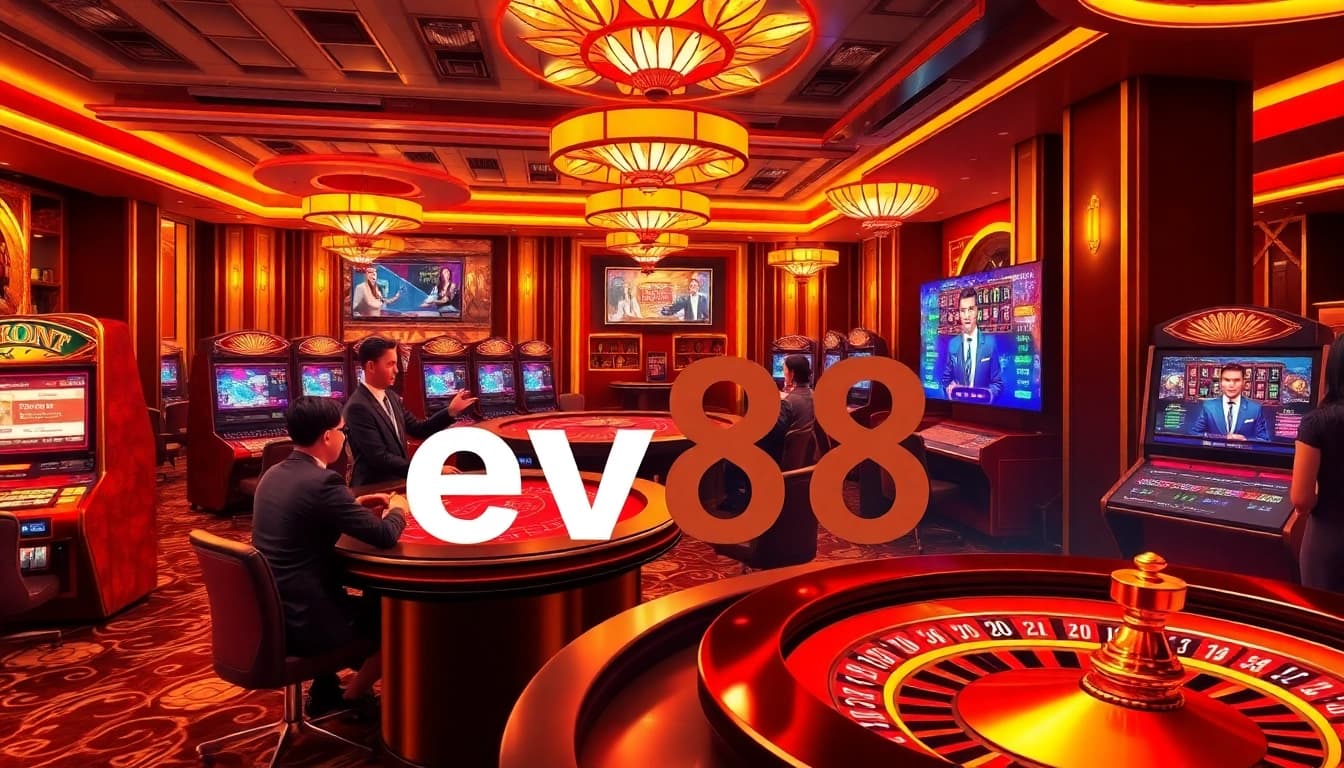 ev88 online casino scene with players at virtual tables and vibrant slot machines