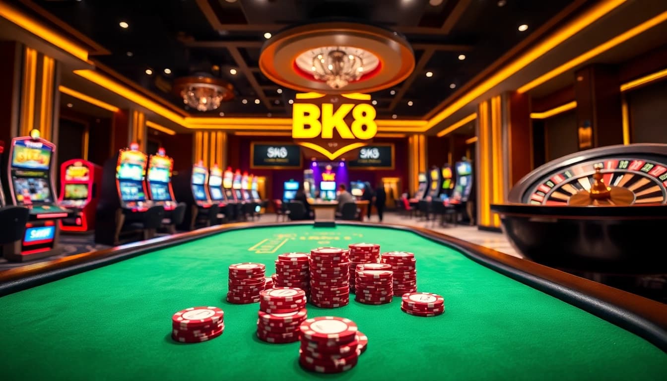 Exciting BK8 casino scene with vibrant gaming tables and elegant slot machines.