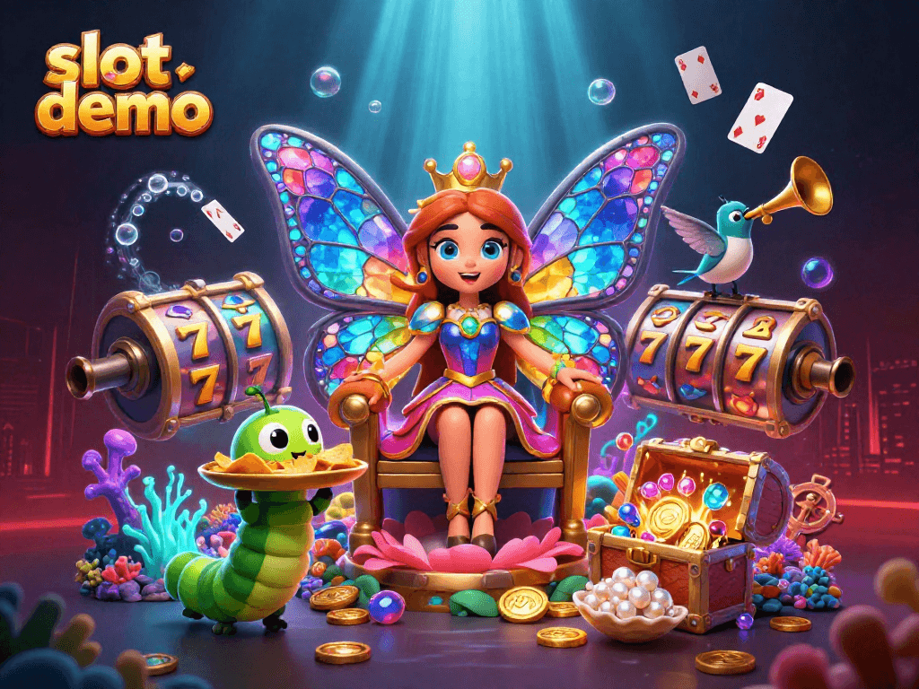 Slot demo dengan ilustrasi ratu kupu-kupu 3D dikelilingi elemen permainan kasino yang menarik.