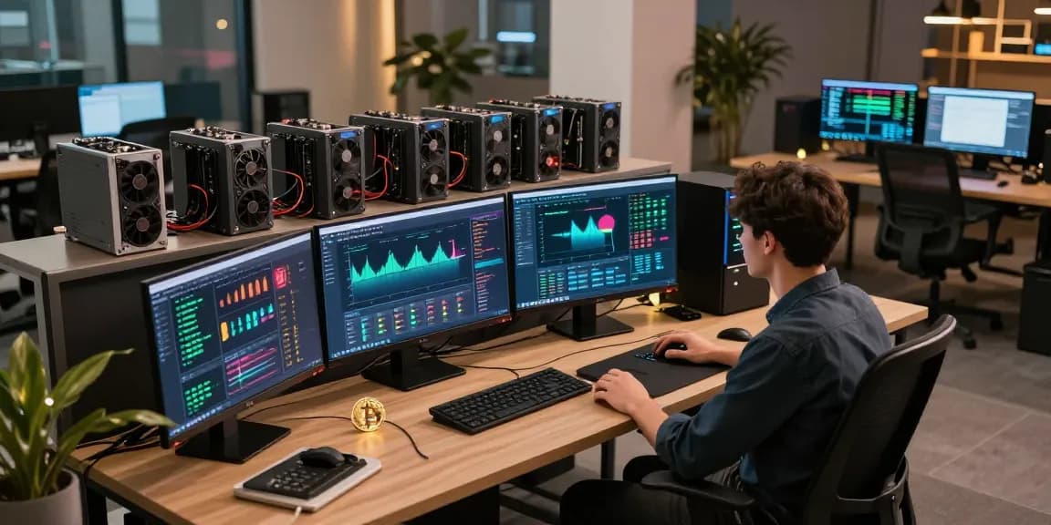 Bitcoin mining workspace with advanced technology and mining setups, showcasing cryptocurrency dashboards and blockchain networks.