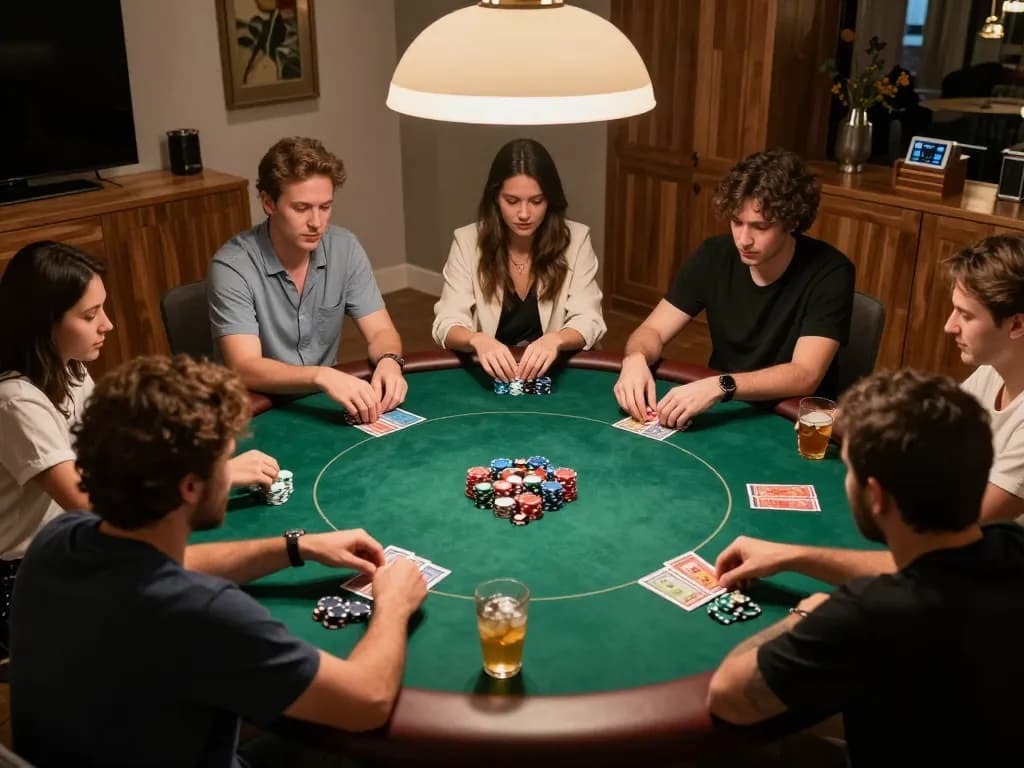 Engaged players enjoying poker night at home with 77789vip showcasing strategic gameplay and friendly competition