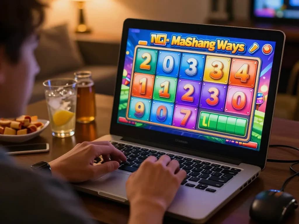 Engaging in Mahjong Ways gameplay on a laptop, showcasing exciting online casino experience with colorful reels