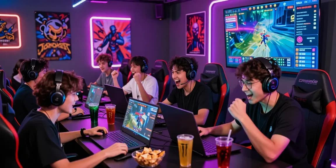 Exciting gaming session with players celebrating a win on garuda303 platform in a vibrant room.