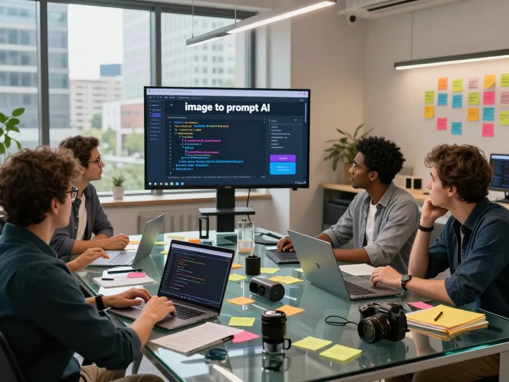 Dynamic team collaborating on image to prompt ai tool development in a modern workspace.