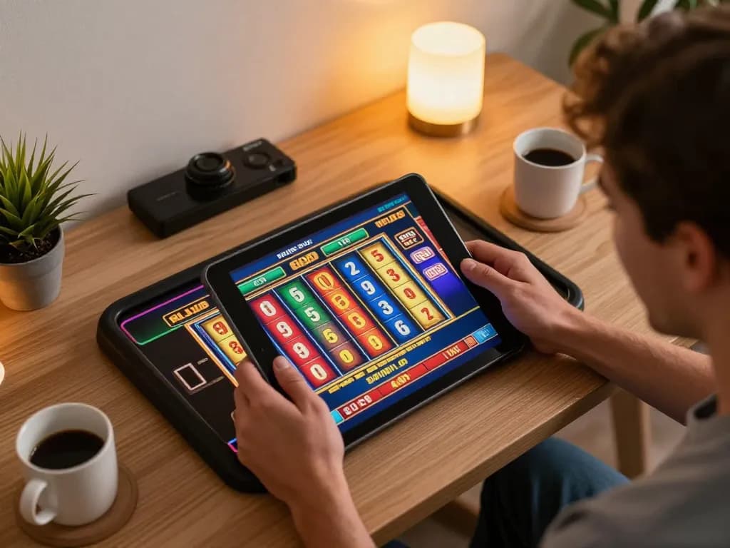 Engaging in online casino senza licenza adm gaming on a tablet with vibrant visuals and warm home ambiance