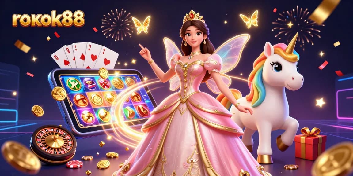 Spin and win with rokok88 in this vibrant, enchanted casino illustration.