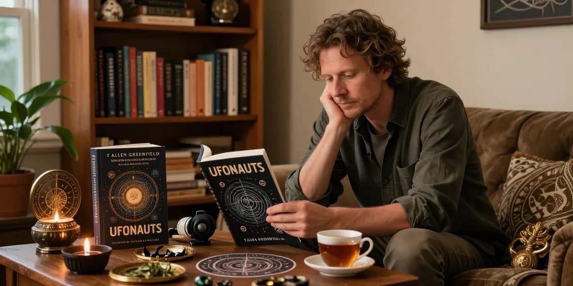 Explore T Allen Greenfield's award-winning UFOnauts at https://tallengreenfield.com in a cozy reading nook filled with spiritual elements.