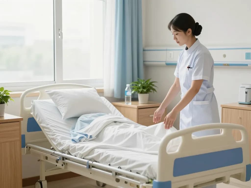 giường bệnh nhân in a well-lit hospital room with a nurse adjusting the bed for comfort