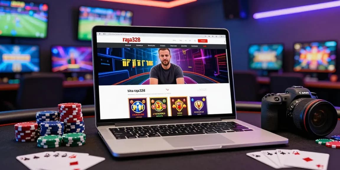 User logging into situs raja328, surrounded by gaming elements like poker chips and slot symbols in a vibrant gaming room.