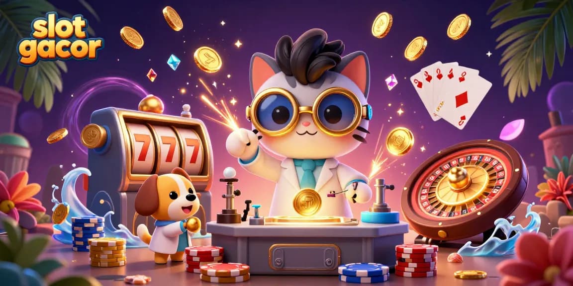 Mendapatkan slot gacor dari mesin slot dengan keberuntungan, sambil dikelilingi oleh koin emas dan permainan kasino yang menarik.