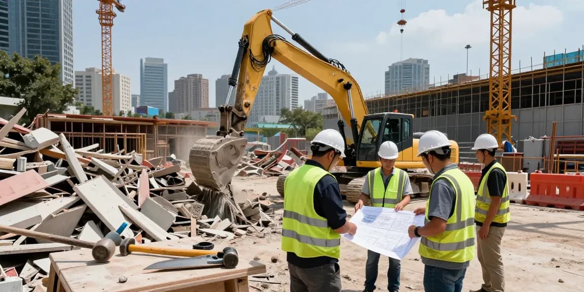 Professional demolition contractor managing urban site with team and equipment for safe demolition.