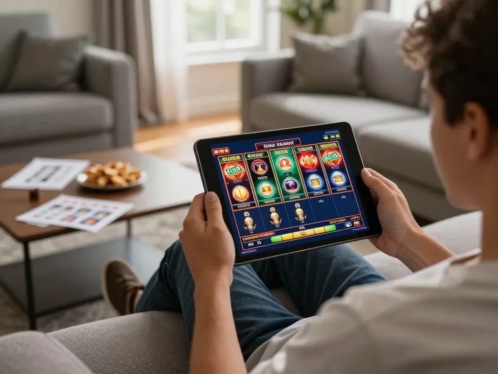 Engaged player enjoying slots not on gamstop on a tablet in a cozy living room