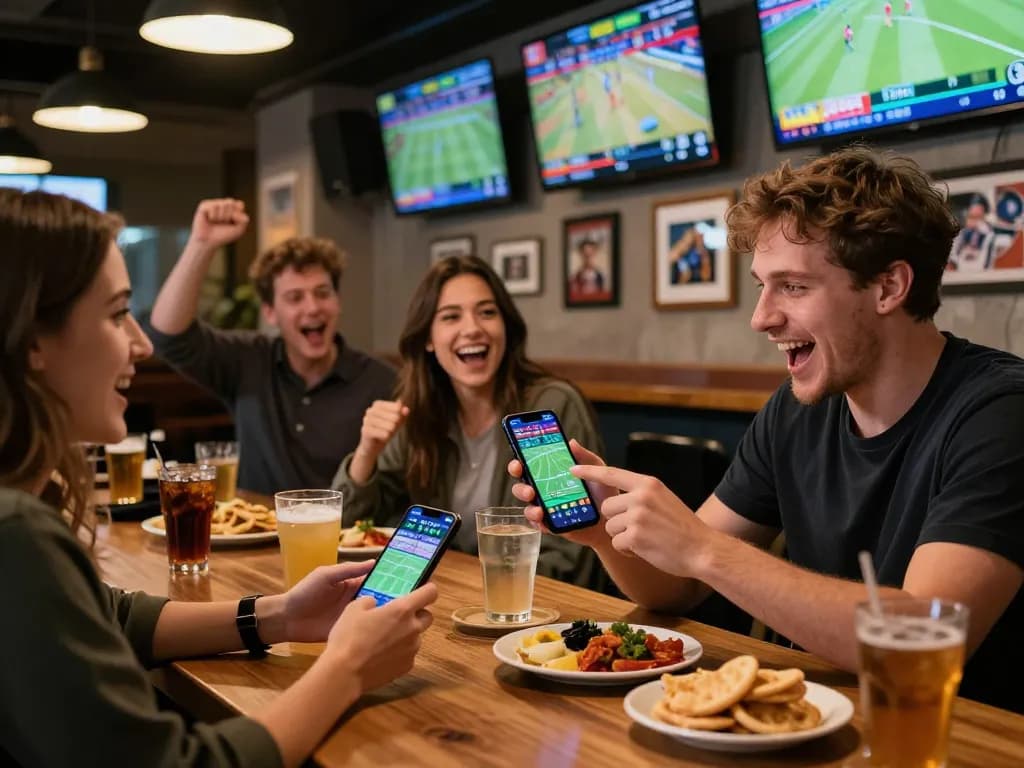 f168 users celebrating wins while engaging in live sports betting at a lively bar.