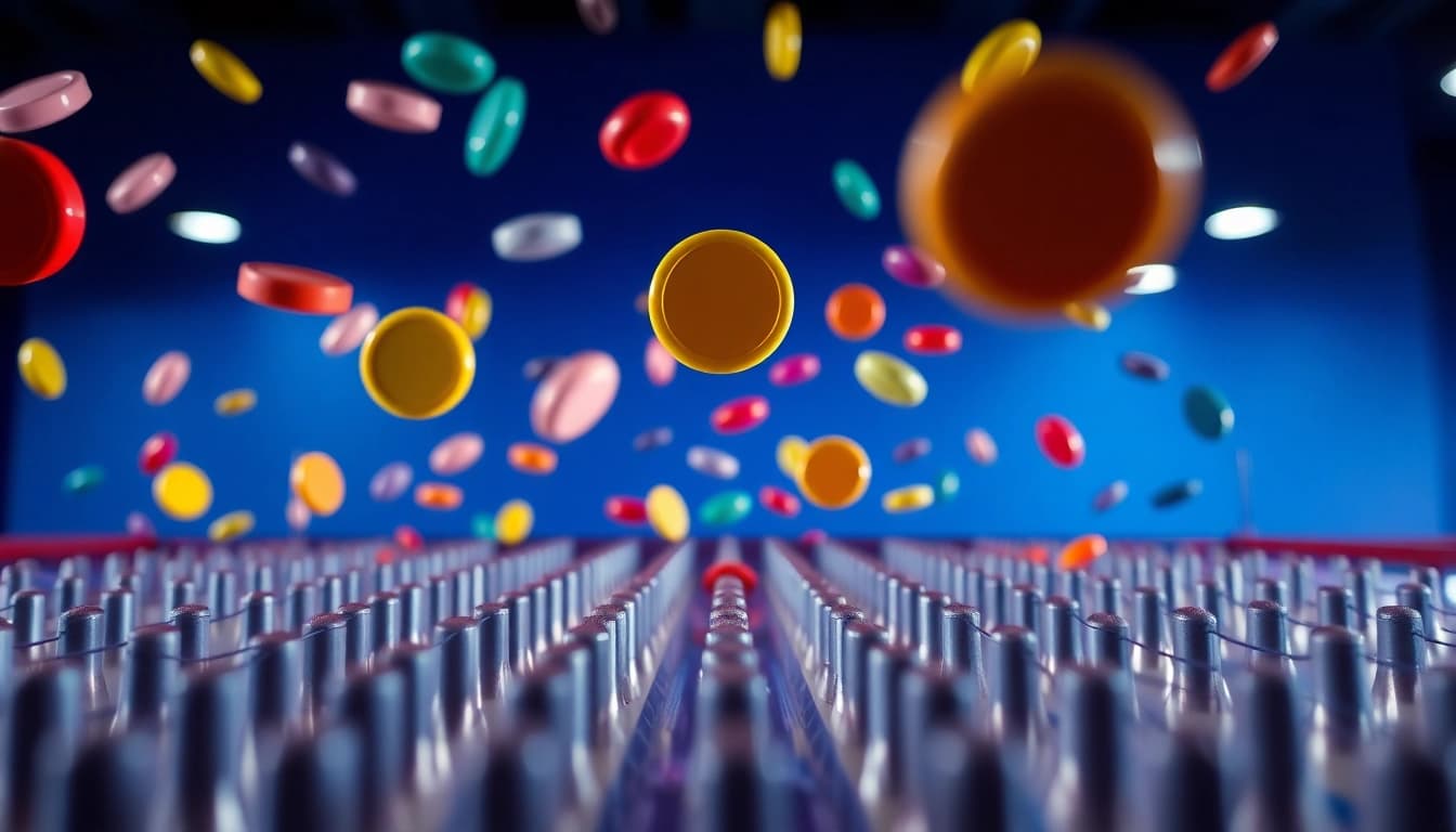Permainan plinko demo yang menampilkan bola jatuh melalui pin, memberikan visual yang menarik dan interaktif.