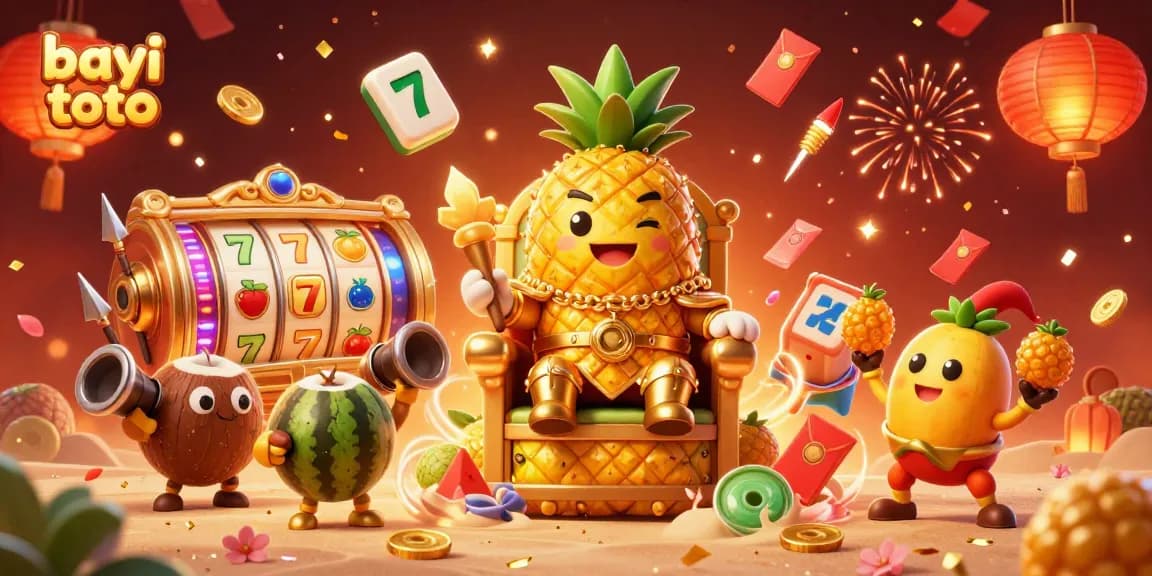Experience the excitement of bayi toto with a whimsical casino scene featuring a pineapple king and fun game elements.