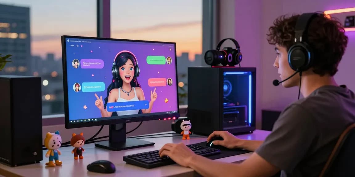 Engaging NSFW AI chat interaction with vibrant character displays and modern tech setup.