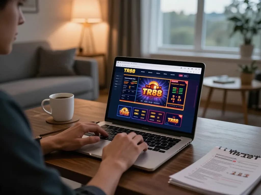 Engaging gameplay on TR88 bookmaker with vibrant casino graphics in a cozy home office.