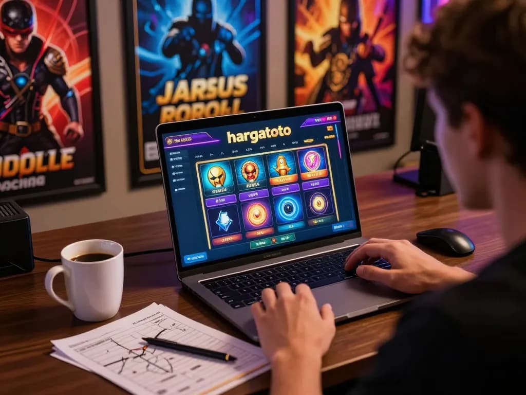 Engaging with hargatoto online slots interface while enjoying a coffee at home gaming setup.