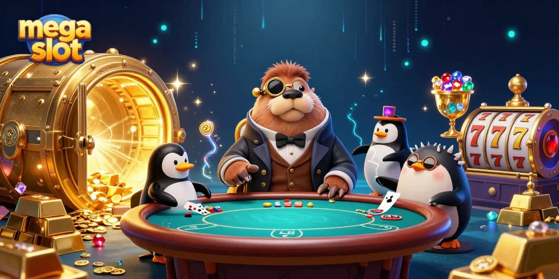 Mega slot, walrus bermain di meja poker bawah laut dikelilingi harta rampasan dan mesin slot berkilau.
