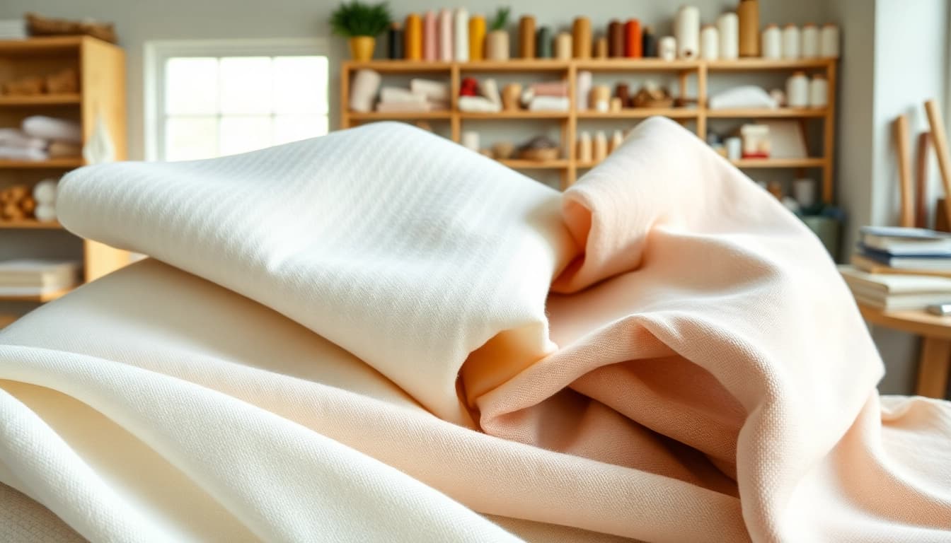 Katoen in verschillende kleuren, prachtig uitgestald in een textielwerkplaats.