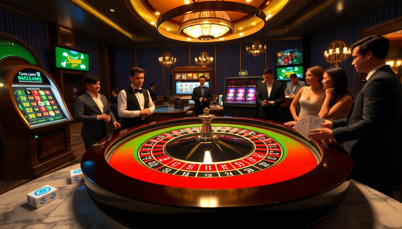 Vivez l'excitation d'un site de casino en ligne avec des joueurs élégants autour d'une table de roulette vibrante.