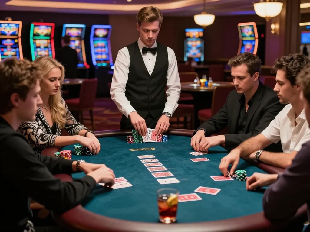 Exciting poker game in upscale casino showcasing players engaged in action using nano banana 3 editing for enhanced strategy.