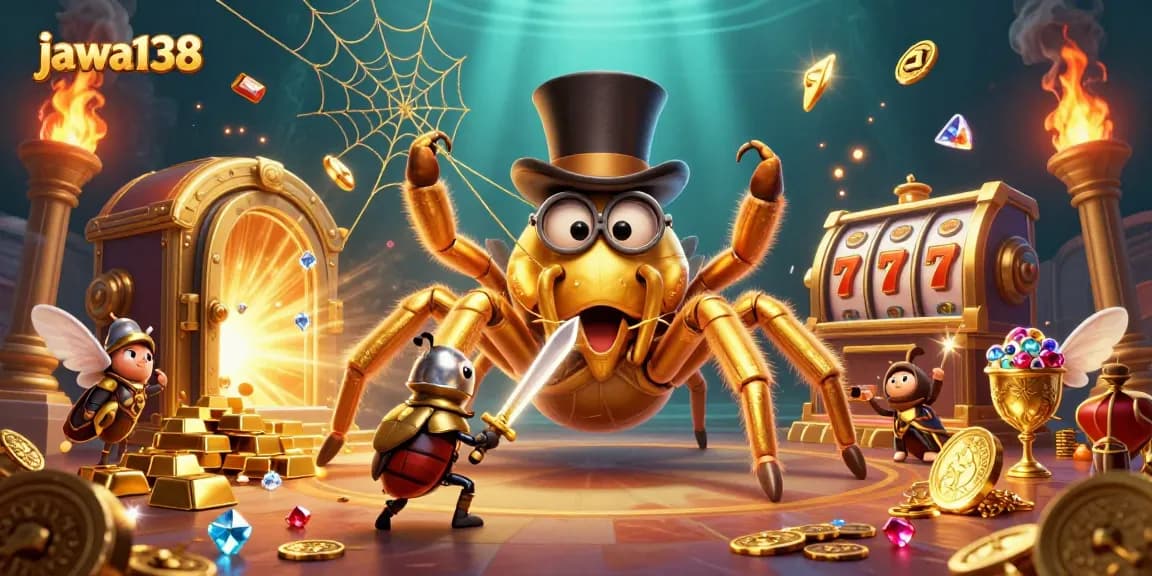 Engage with jawa138's thrilling casino atmosphere as the golden tarantula weaves a lucky slot web.