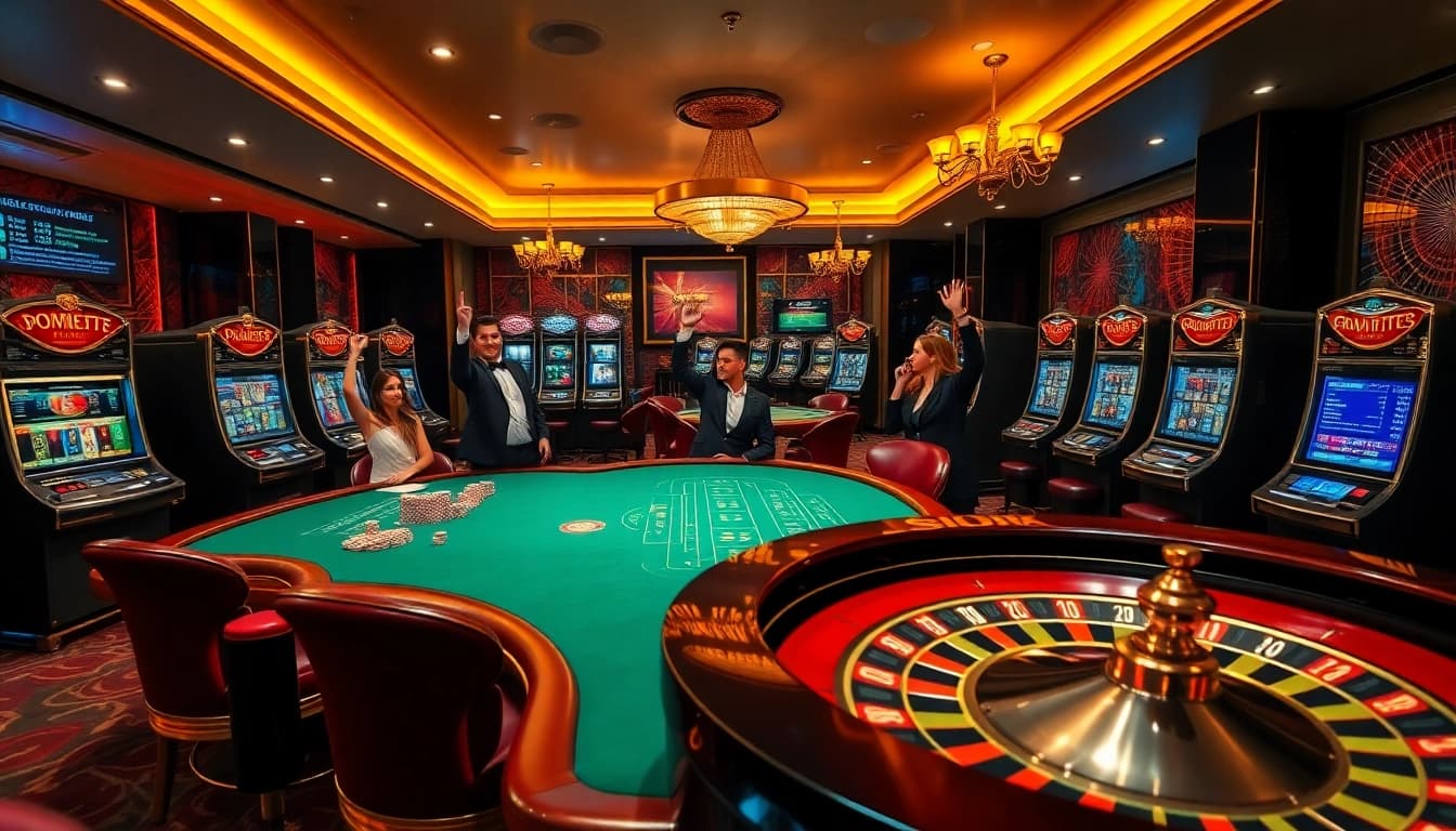 Des joueurs profitant de l'excitation dans un site de casino en ligne haut de gamme, avec des tables de poker vibrantes et des roues de roulette.