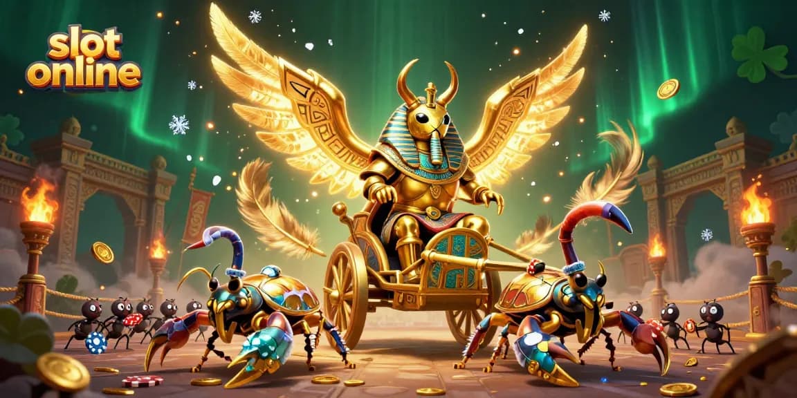 Slot online menghadirkan suasana mendebarkan dengan skarab emas raksasa dan semut pembawa chip di tengah elemen kasino yang berwarna-warni.