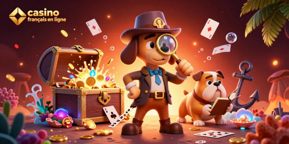 Participez à une action palpitante dans un casino francais en ligne avec des personnages détectives découvrant des richesses.