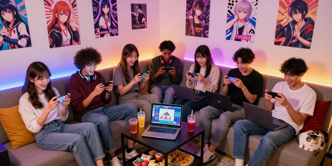 Playing hentaigames in a cozy gaming nook with friends, vibrant atmosphere with snacks and anime decor.