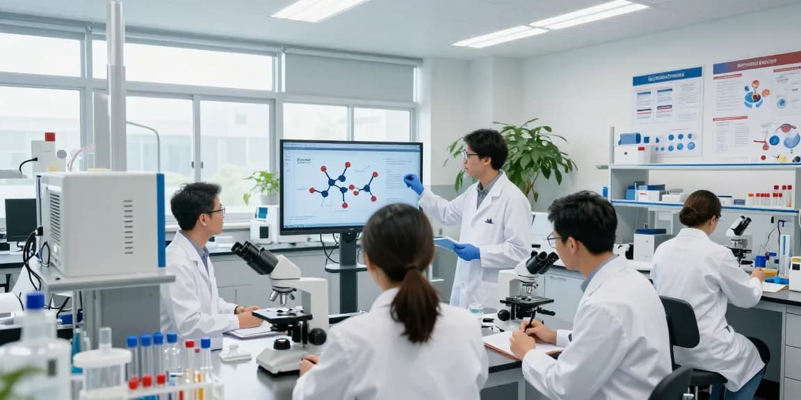 Team of researchers at swiss chems labs collaborating on peptide synthesis in modern laboratory.