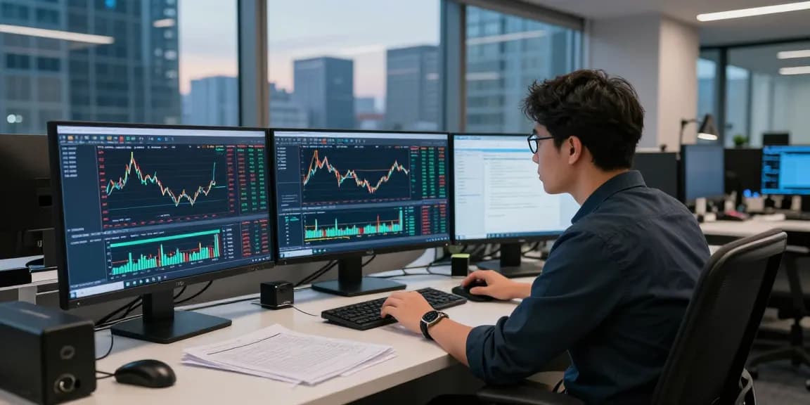 Trader using MetaTrader 5 in a modern office, analyzing market data and indicators.