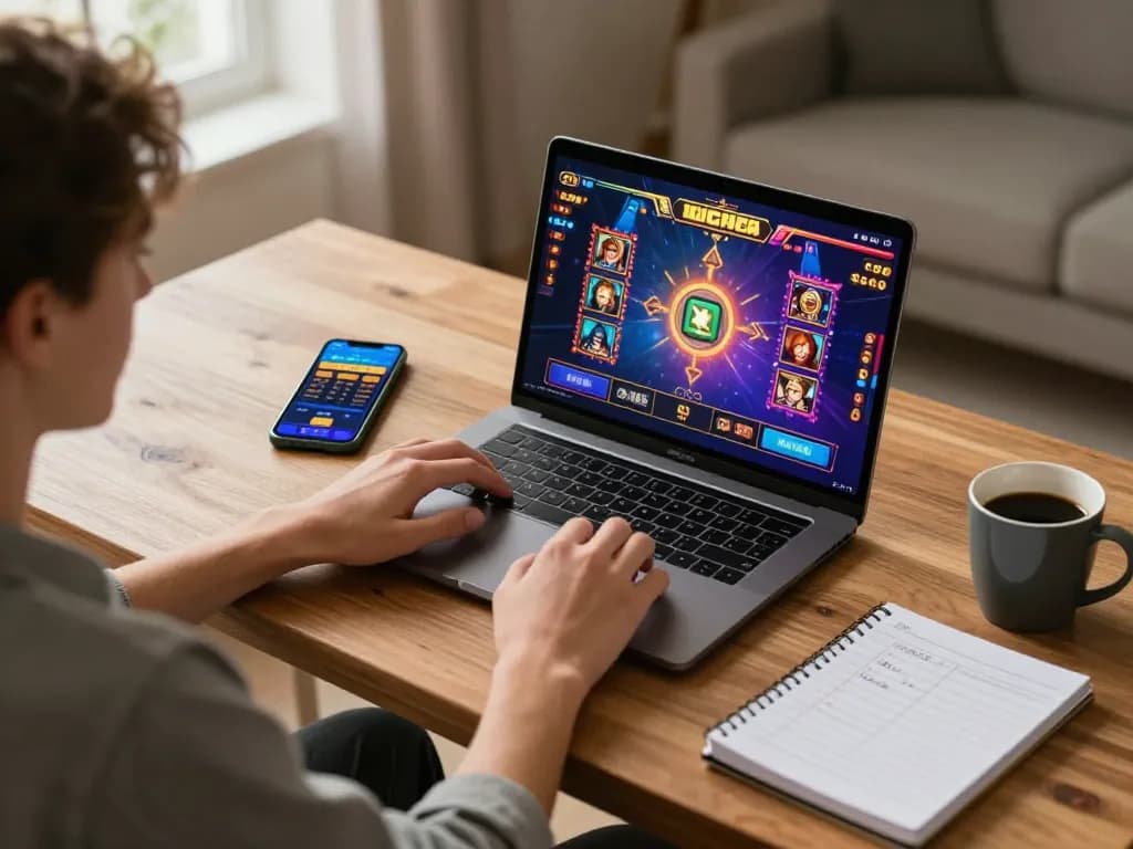 Engaging with qq88 online slots on a laptop in a cozy home setting, emphasizing responsible gaming.