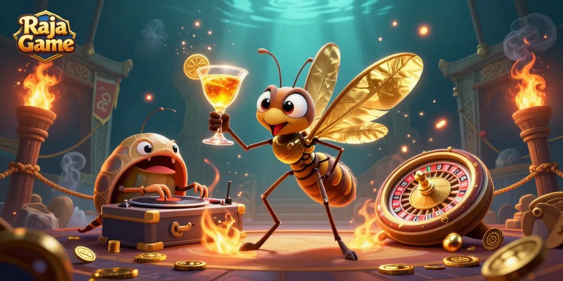 Experience exciting gameplay at Raja Game with a thrilling casino scene showcasing a unique casino mascot.