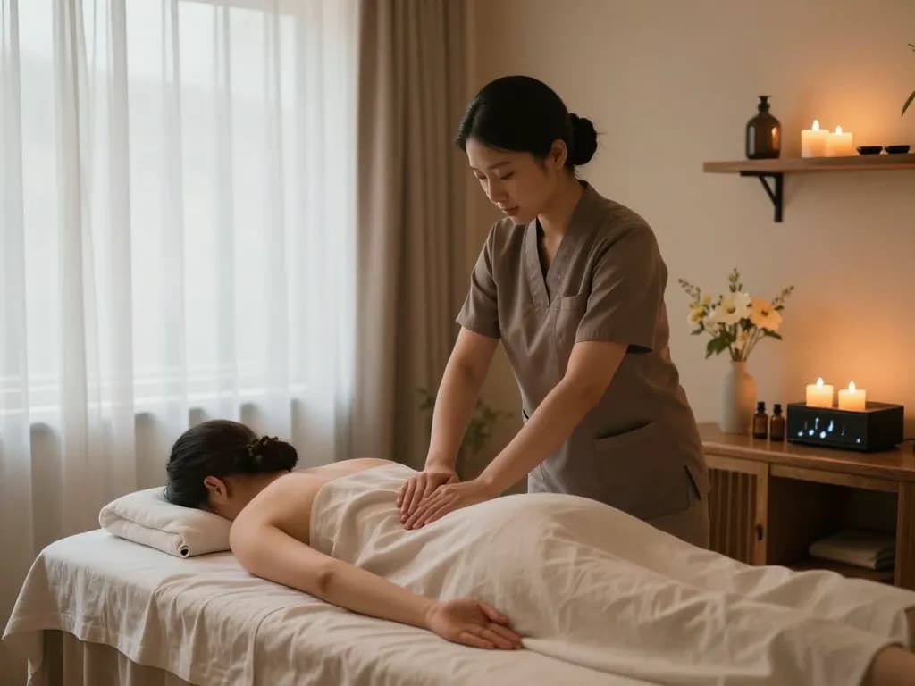 Soothing atmosphere at a 1인샵 spa featuring a therapist giving a calming massage.
