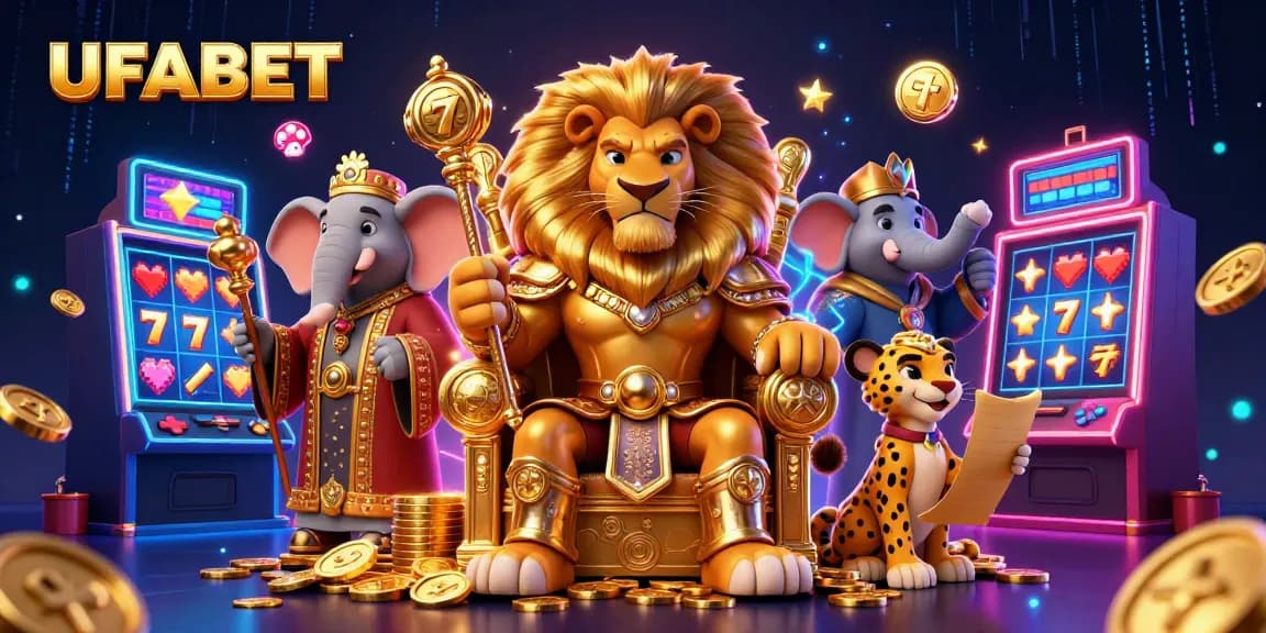 Experience thrilling gameplay at UFABET with a vibrant 3D casino scene including lions, elephants, and colorful slot machines.