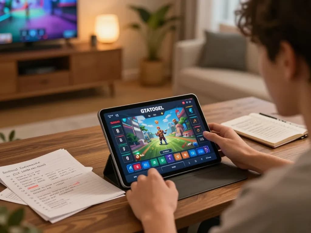 Player strategizing with GTATOGEL app in a cozy home gaming setup, enhancing betting experience.