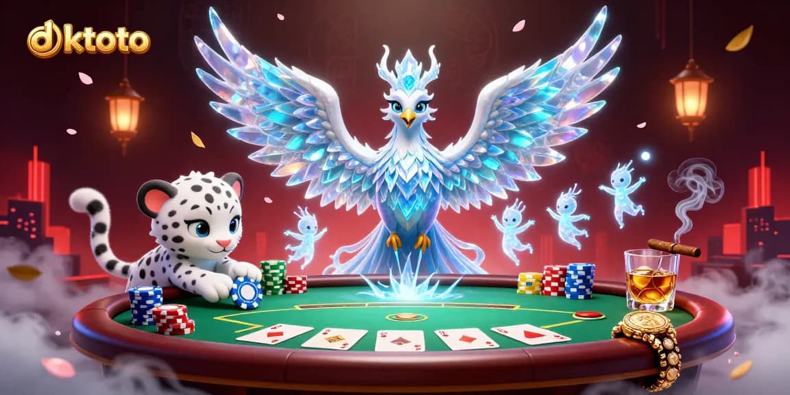 Engage with dktoto's thrilling experience amidst an energetic casino scene featuring colorful poker elements.