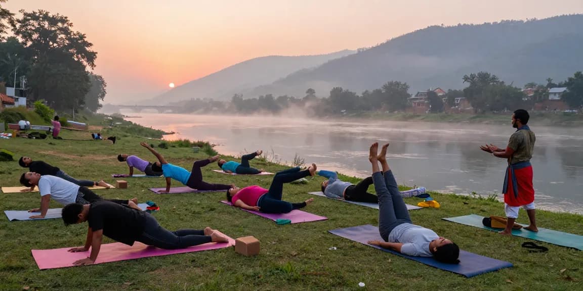 Group practicing yoga at sunrise by the Ganges, emphasizing yoga instructor certification in India