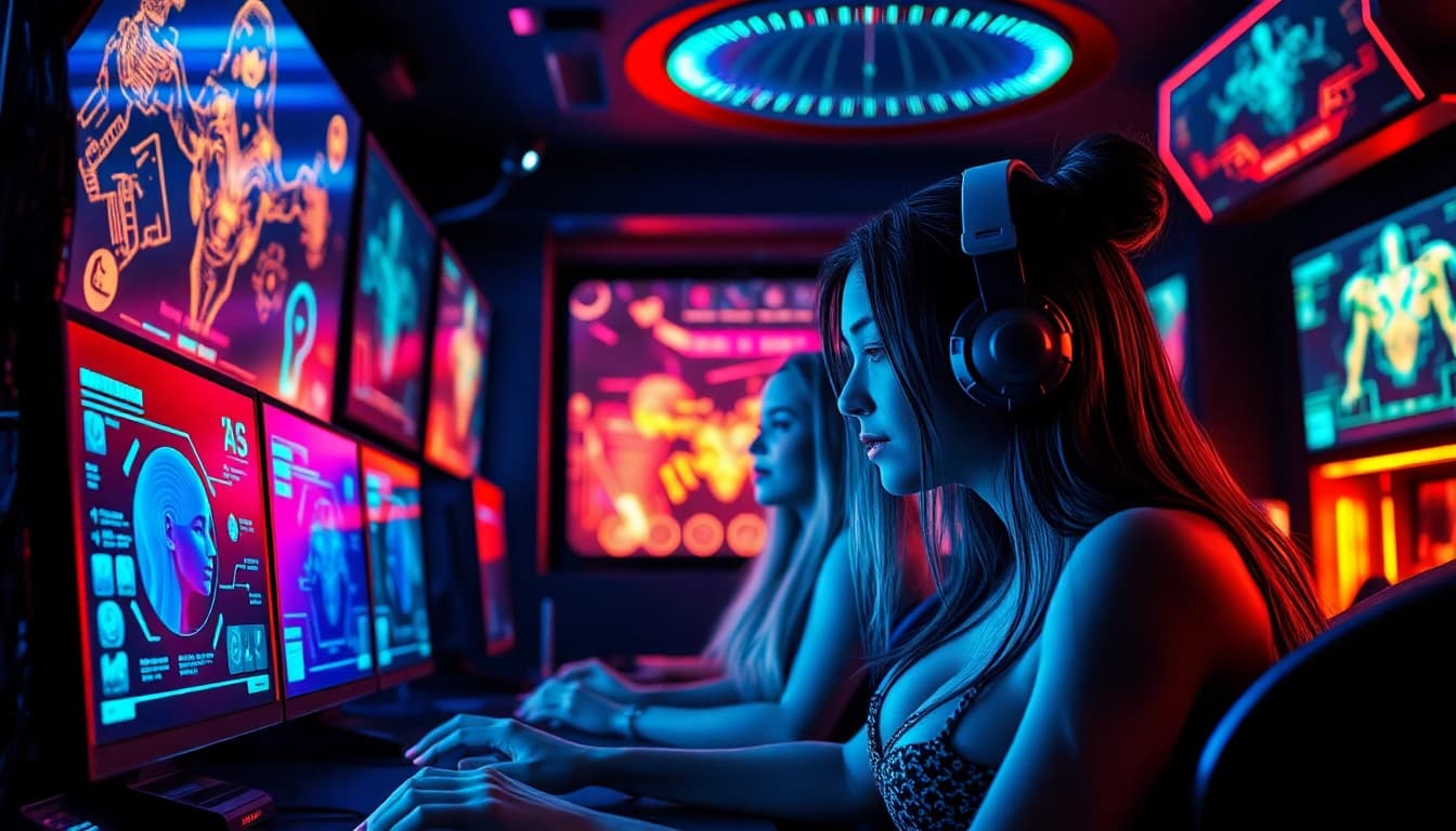 Engaging scene depicting AI graphics in porn games, showcasing futuristic gaming with realistic characters and immersive technology.