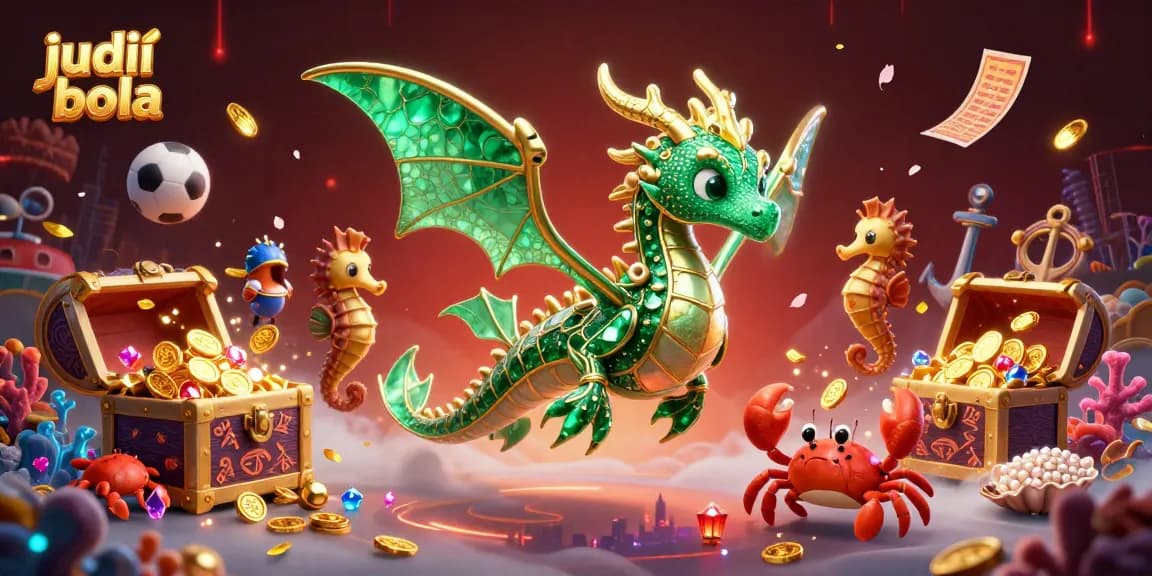 Engage in judi bola action with vibrant visuals of emerald sea dragons and dynamic sports elements.