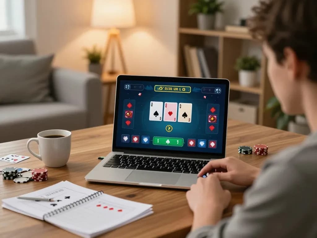 Player using tg88 platform on laptop for online poker strategy in cozy living room.