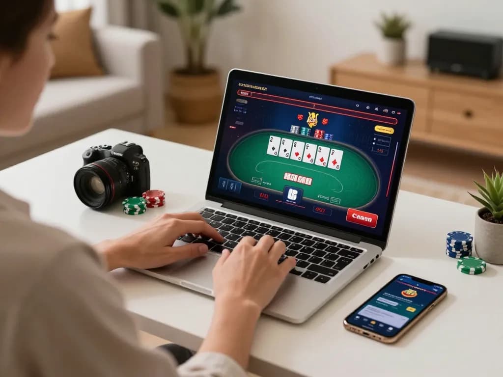 Enjoying online poker at home with SC88VN, featuring laptop and betting app in a cozy setup