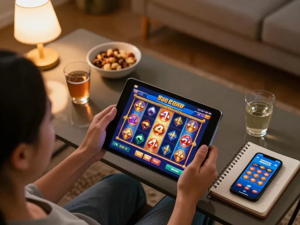 Engaging online session on situs slot games with colorful graphics displayed on a tablet in a cozy home setting.