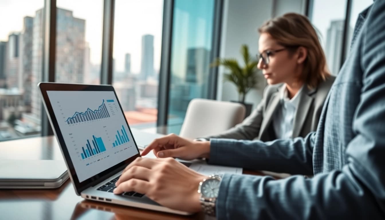 Analyze real estate finance trends with a professional consultant in a modern office setting.