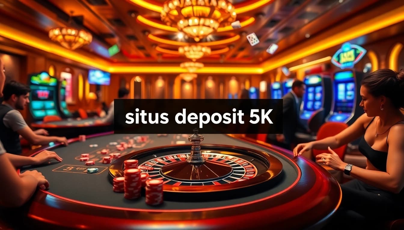 Situs Deposit 5k disorot dalam adegan kasino yang hidup dan dinamis dengan pemain dan meja permainan.