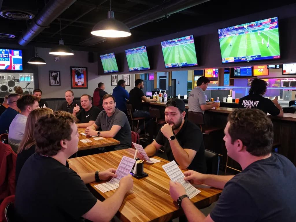 Engaged patrons using siti scommesse stranieri legali in a lively sports betting environment with multiple screens.