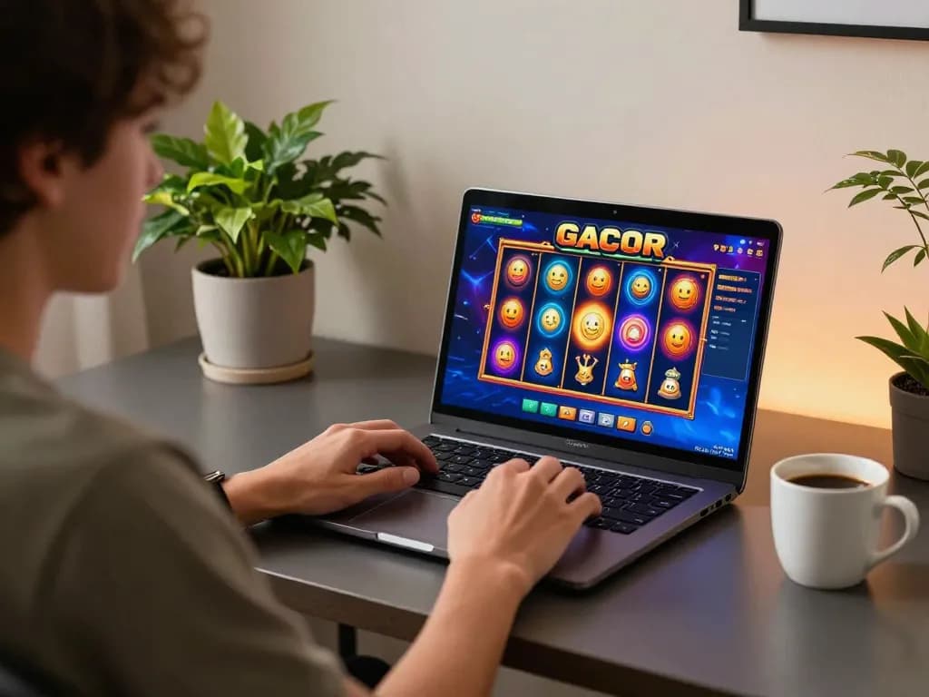 Engaging in an exciting slot gacor online game on a laptop, highlighting vibrant gameplay.
