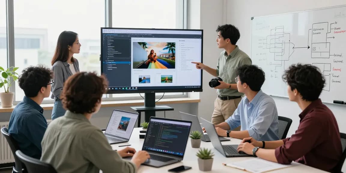 Team analyzing results from the ai image checker in a modern tech office.